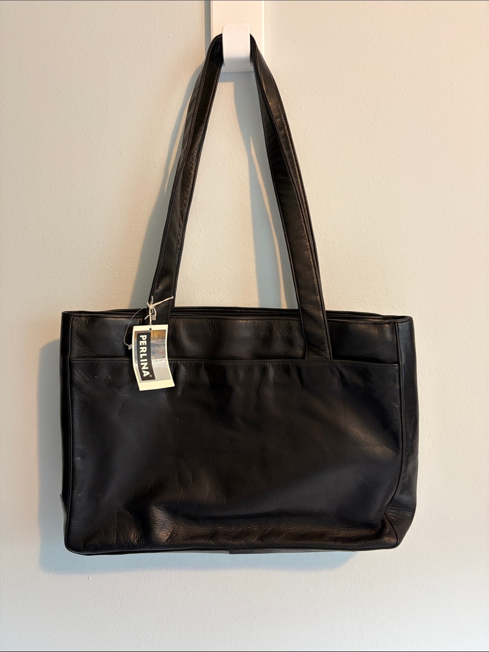 Perlina Black Leather Shoulder Tote